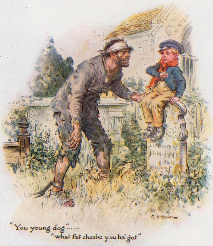 Stora förväntningar, Pip möter den dömde på kyrkogården av Charles Edmund Brock