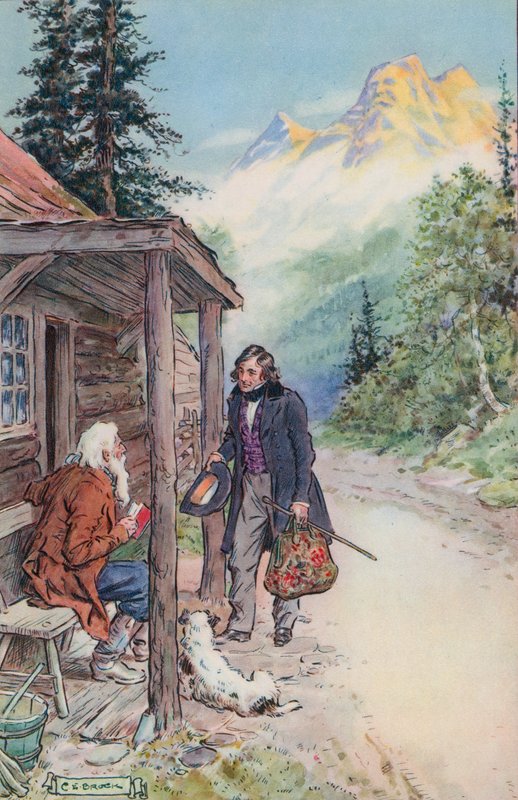 Illustration för The Great Stone Face av Nathaniel Hawthorne av Charles Edmund Brock