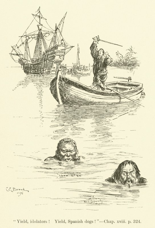 Illustration för Westward Ho! av Charles Kingsley (gravyr) av Charles Edmund Brock