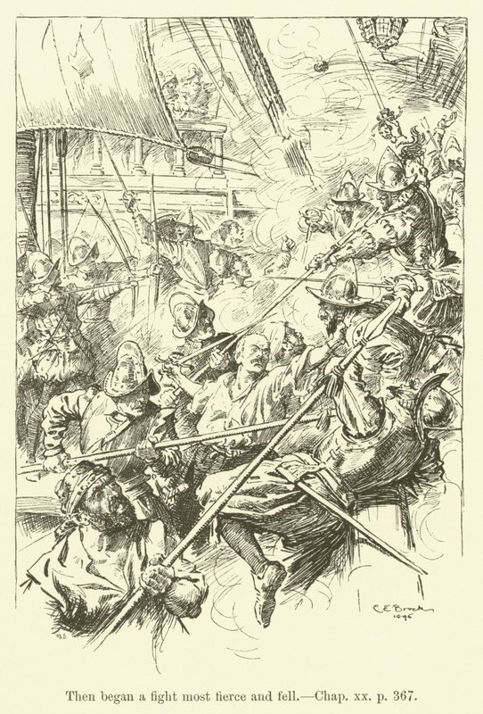 Illustration för Westward Ho! av Charles Kingsley (gravyr) av Charles Edmund Brock
