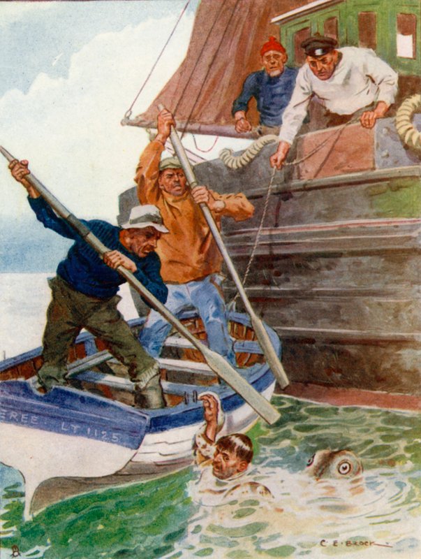 De två männen i båten började frenetiskt att slå och gräva på ett avskyvärt föremål av Charles Edmund Brock