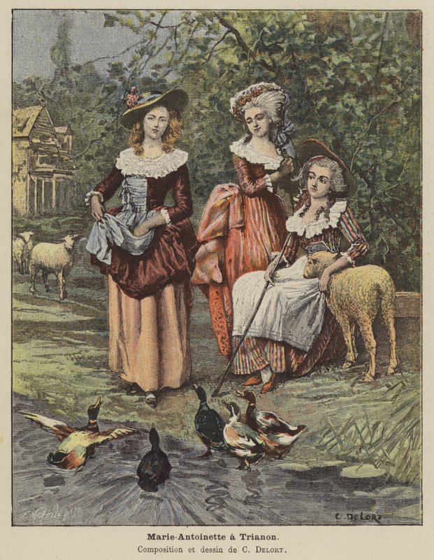 Marie Antoinette vid Trianon (färg litho) av Charles Edouard Delort