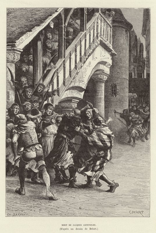 Mort de Jacques Artevelde. Den flamländska köpmannen och politiska ledaren Jacob van Arteveldes död i händerna på en folkhop, Gent av Charles Edouard Delort