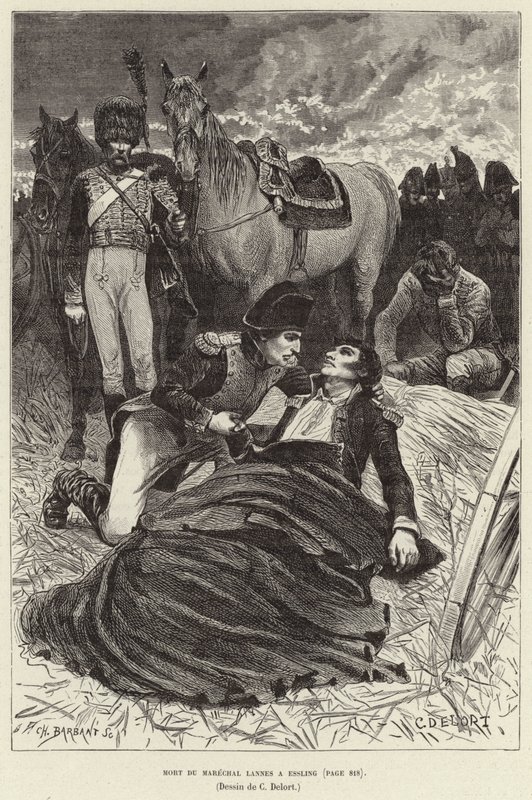 Mort du Marechal Lannes a Essling; Napoleon och den döende marskalken Lannes i slaget vid Aspern-Essling, Österrike av Charles Edouard Delort