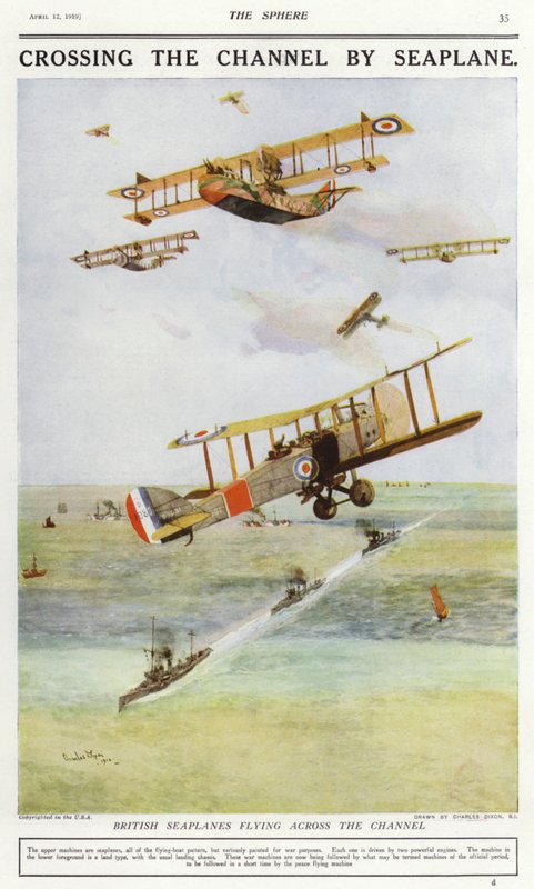 Brittiska sjöflygplan som flyger över Engelska kanalen (färg litho) av Charles Edward (after) Dixon