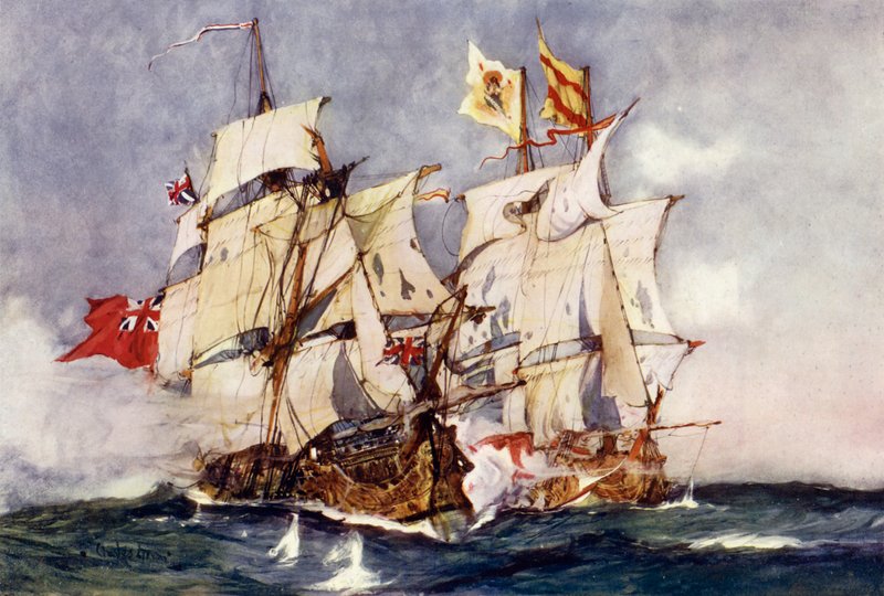Ansons centurion tar den spanska galjonen Nuestra Senora de Cabadonga, 1743 av Charles Edward Dixon
