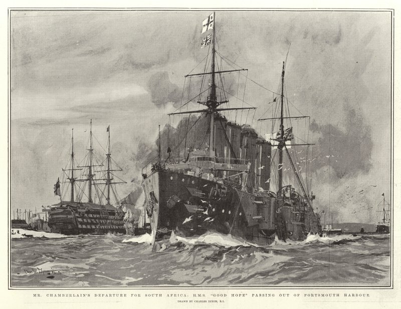 Mr Chamberlains avresa till Sydafrika, H M S Good Hope passerar ut ur Portsmouths hamn av Charles Edward Dixon