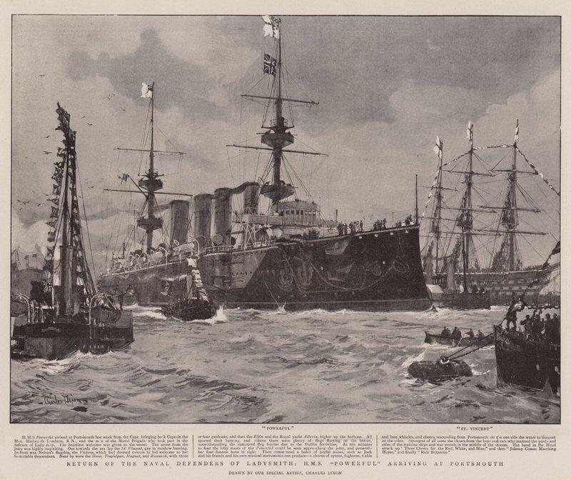 Return of the Naval Defenders of Ladysmith, HMS Powerful anländer till Portsmouth av Charles Edward Dixon