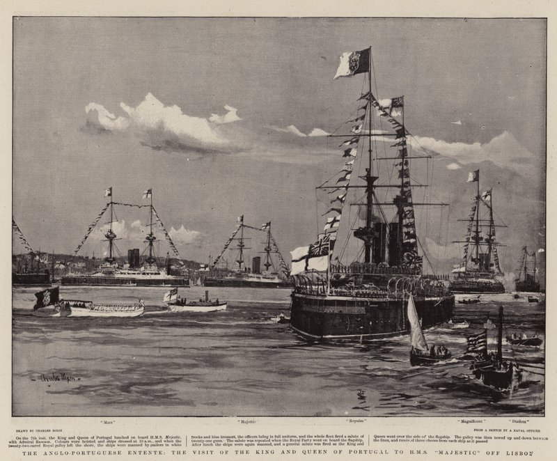 Den anglo-portugisiska ententen, besöket av kungen och drottningen av Portugal till H M S Majestic utanför Lissabon av Charles Edward Dixon