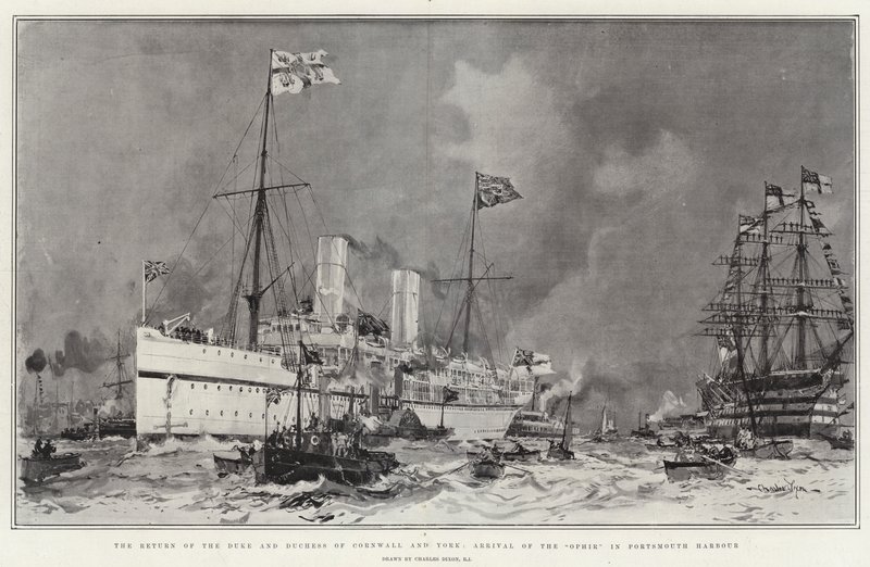 Hertigen och hertiginnan av Cornwall och York återvänder och Ophir anländer till Portsmouths hamn. av Charles Edward Dixon