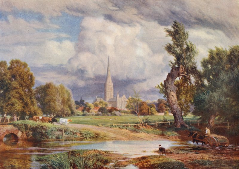 Salisbury Cathedral (färglitografi) av Charles Edward Johnson