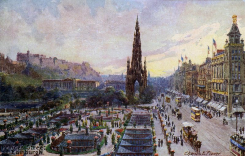 Princes Street, Edinburgh, Skottland (färg litho) av Charles Edwin Flower