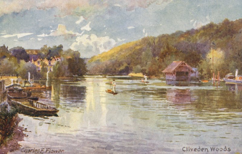 Floden Themsen: Cliveden Woods (färglitografi) av Charles Edwin Flower