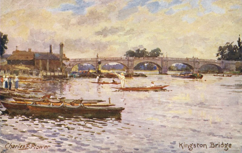 Floden Themsen: Kingston Bridge (färglitografi) av Charles Edwin Flower