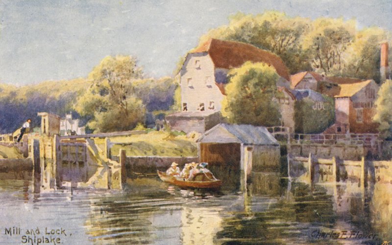 Floden Themsen: Kvarn och sluss Shiplake (färglitografi) av Charles Edwin Flower