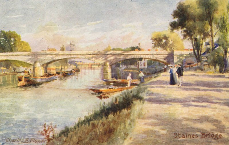 Floden Themsen: Staines Bridge (färglitografi) av Charles Edwin Flower