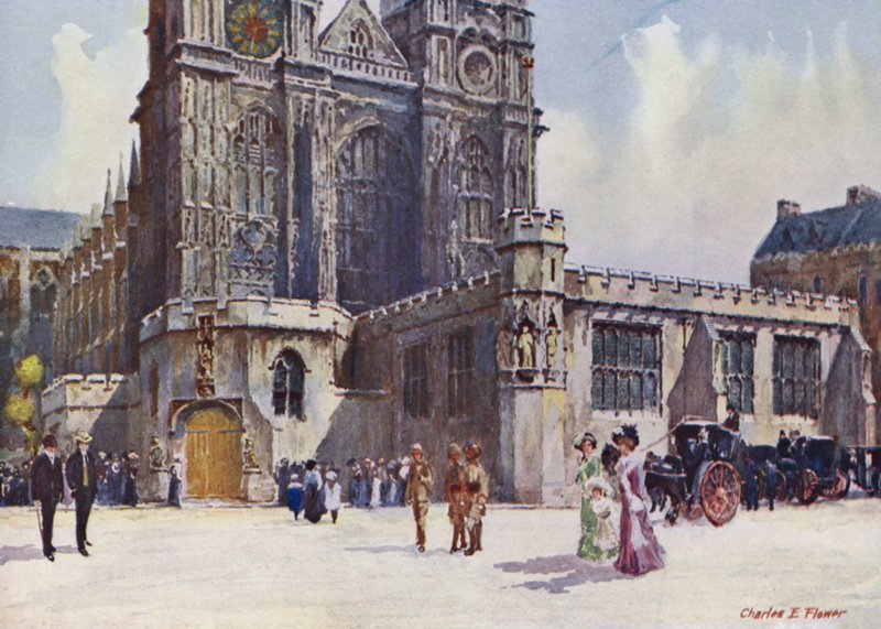 Westminster Abbey, där kung Edward VII och drottning Alexandra steg av av Charles Edwin Flower