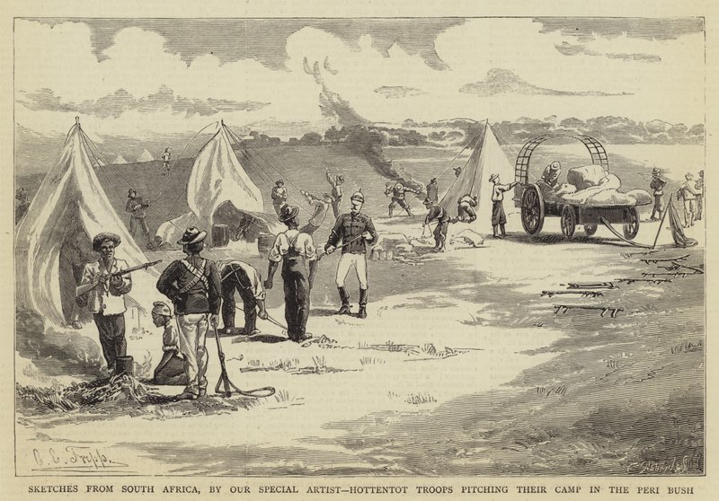 Skisser från Sydafrika, Hottentot-trupper som slår upp sitt läger i Peri Bush av Charles Edwin Fripp