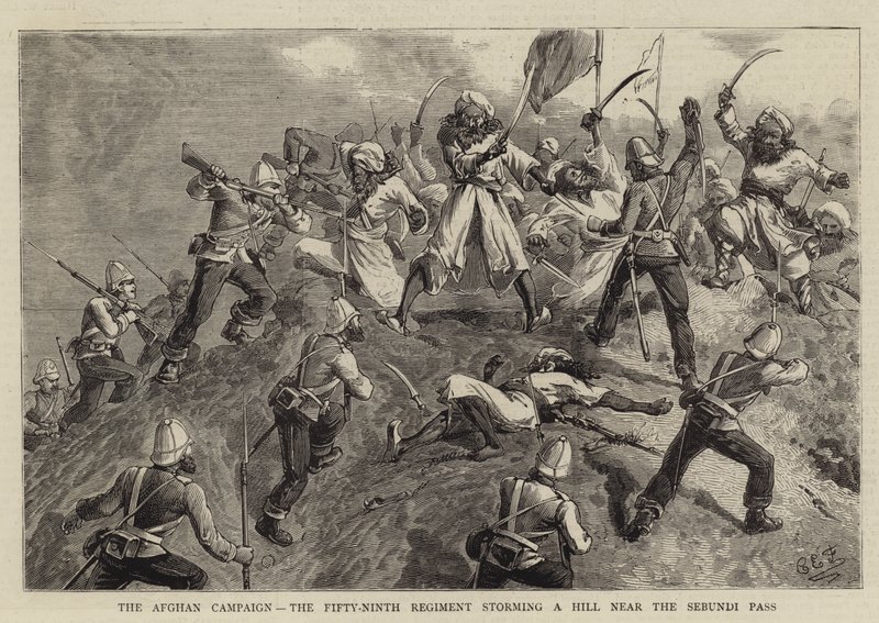 Den afghanska kampanjen, det femtionionde regementet stormar en kulle nära Sebundi-passet. av Charles Edwin Fripp
