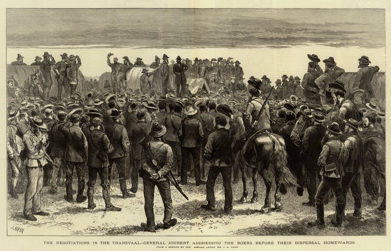 Förhandlingarna i Transvaal, General Joubert tilltalar boerna innan de försvinner hemåt av Charles Edwin Fripp