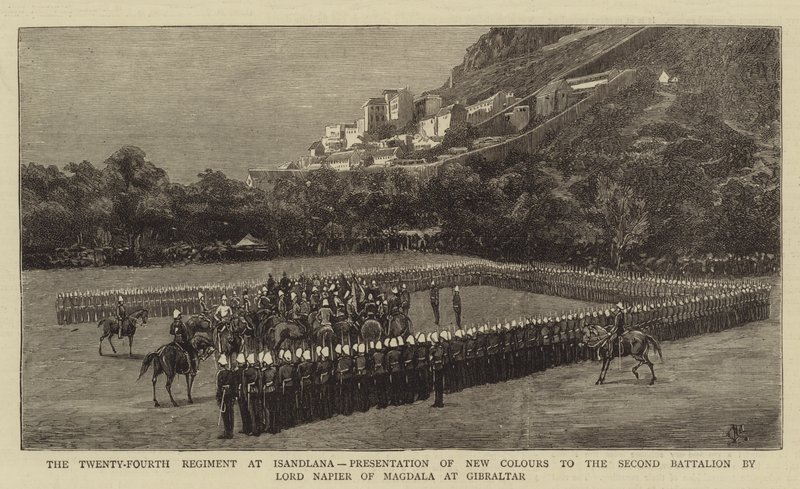 Det tjugofjärde regementet i Isandlana, presentation av nya färger för andra bataljonen av Lord Napier av Magdala i Gibraltar av Charles Edwin Fripp
