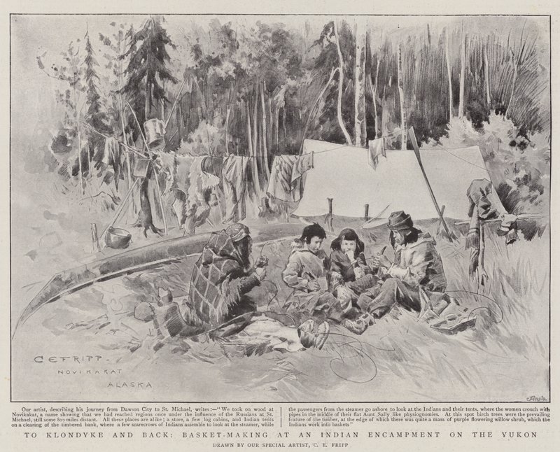 Till Klondyke och tillbaka, korgtillverkning vid ett indiskt läger vid Yukon (litho) av Charles Edwin Fripp