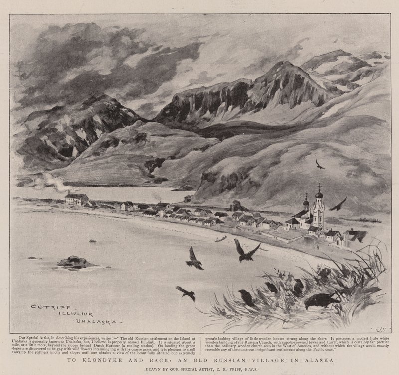Till Klondyke och tillbaka, en gammal rysk by i Alaska (litho) av Charles Edwin Fripp