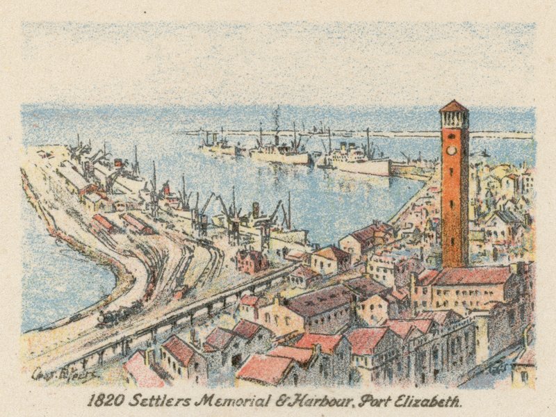 Sydafrika: 1820 Settlers Memorial and Harbour, Port Elizabeth (färglitografi) av Charles Ernest Peers