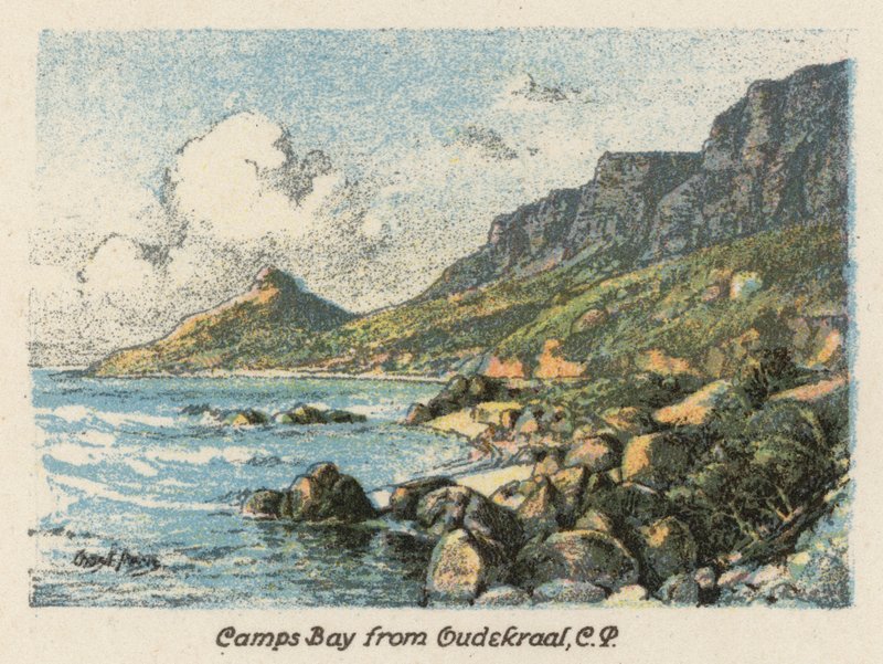 Sydafrika: Camps Bay från Oudekraal, CP (färglitografi) av Charles Ernest Peers