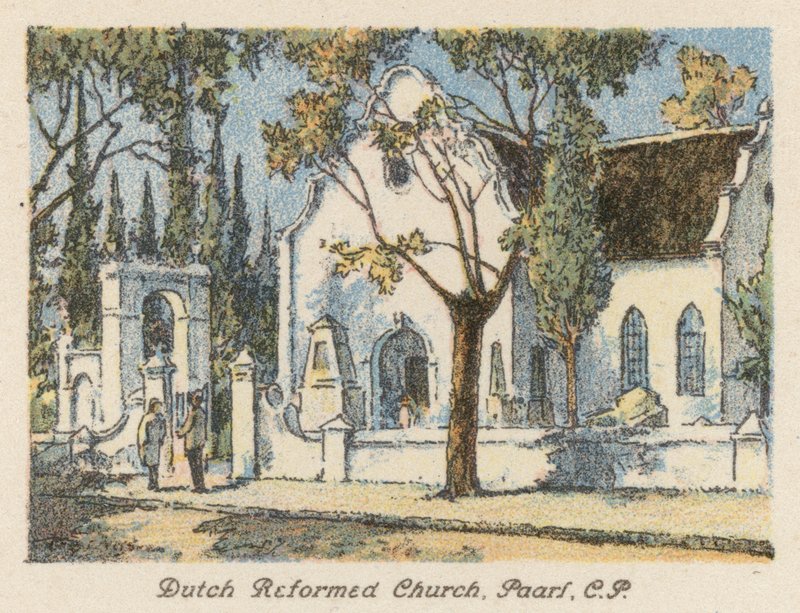 Sydafrika: Nederländska reformerta kyrkan, Paarl, CP (färglitografi) av Charles Ernest Peers