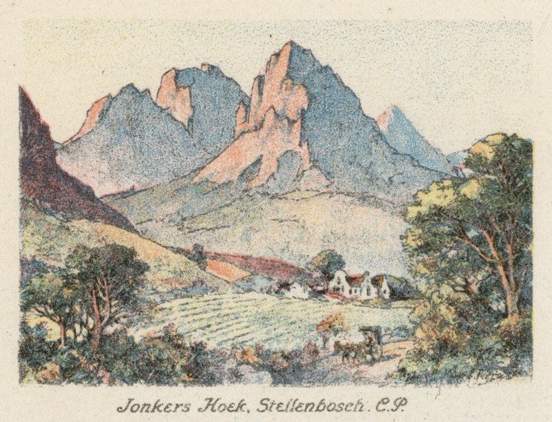 Sydafrika: Jonkers Hoek: Jonkers Hoek, Stellenbosch, CP (färglitografi) av Charles Ernest Peers