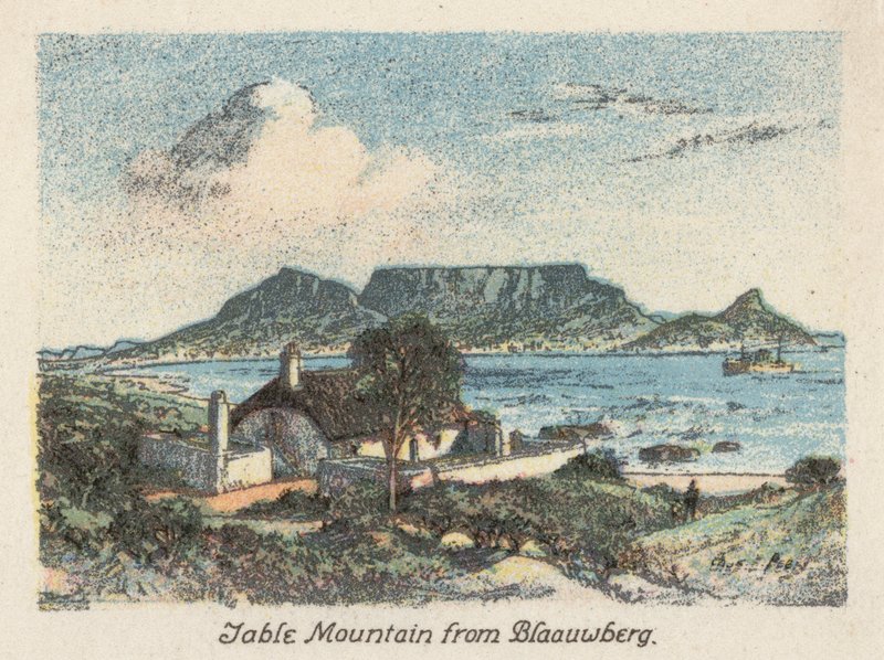 Sydafrika: Taffelberget från Blaauwberg (färglitografi) av Charles Ernest Peers