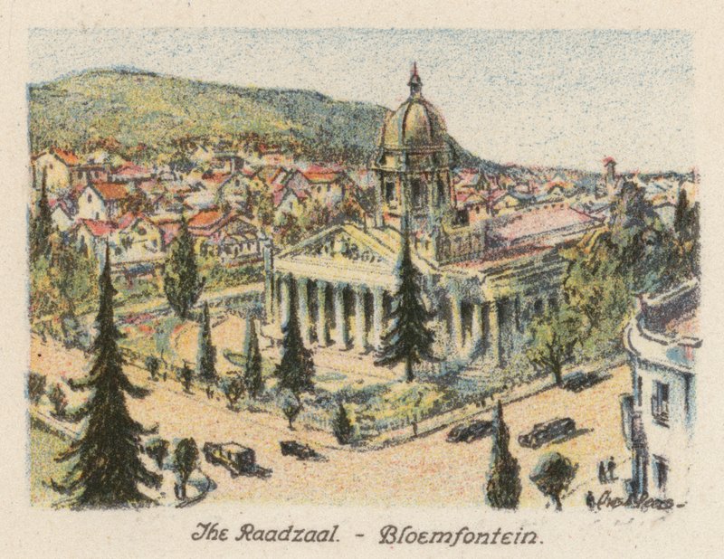 Sydafrika: The Raadzaal, Bloemfontein (färglitografi) av Charles Ernest Peers