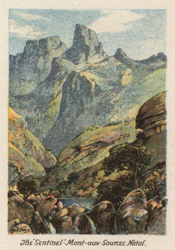 Sydafrika: "Sentinel", Mont-aux-Sources, Natal (färglitografi) av Charles Ernest Peers