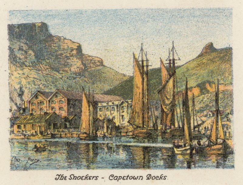 Sydafrika: The Snoekers, Capetown Docks (färglitografi) av Charles Ernest Peers