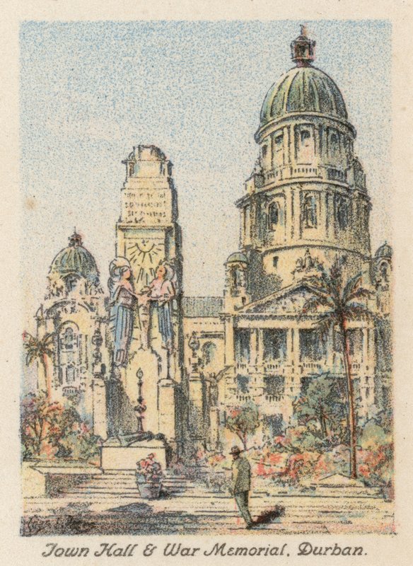 Sydafrika: Stadshuset och krigsmonumentet i Durban (färglitografi) av Charles Ernest Peers