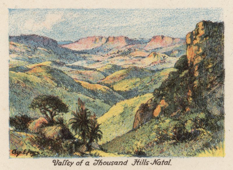 Sydafrika: Valley of a Thousand Hills, Natal (färglitografi) av Charles Ernest Peers