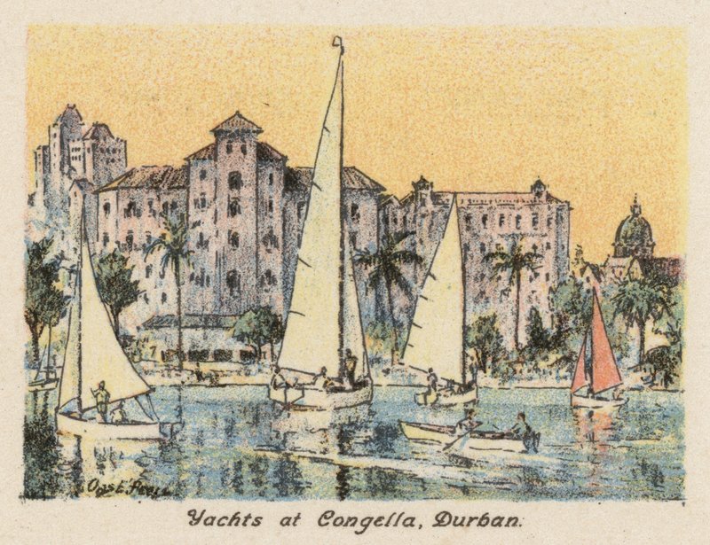 Sydafrika: Yachter vid Congella, Durban (färglitografi) av Charles Ernest Peers
