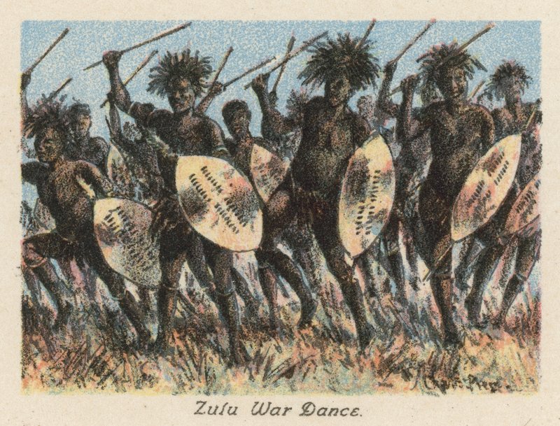 Sydafrika: Zulu krigsdans (färglitografi) av Charles Ernest Peers