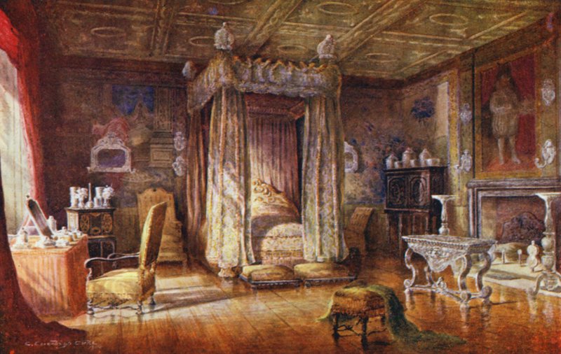 Knole House: Kung James I sovrum (färglitografi) av Charles Essenhigh Corke