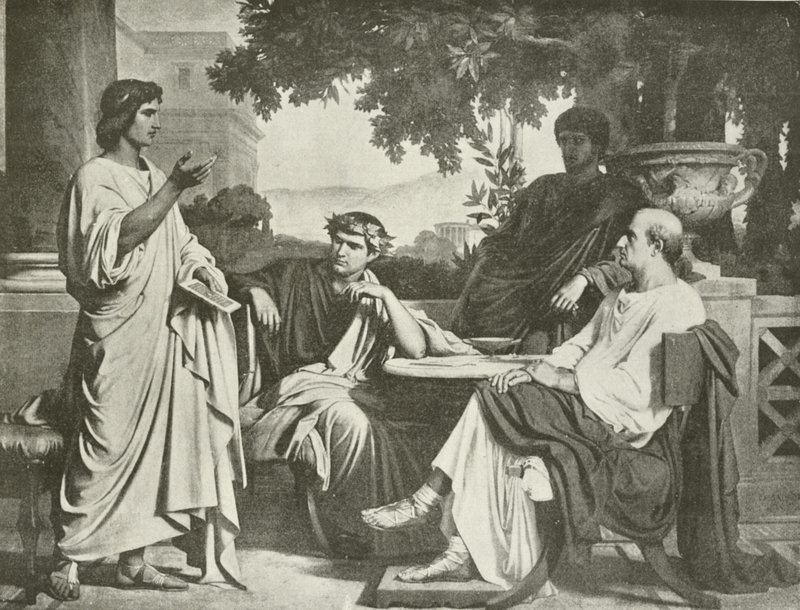 Vergilius, Horatius och Varius i Maecenas hus (gravyr) av Charles François Jalabert