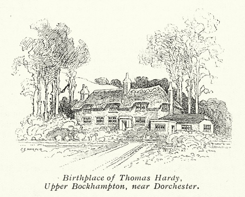Thomas Hardys födelseplats, Upper Bockhampton, nära Dorchester (litografi) av Charles George Harper