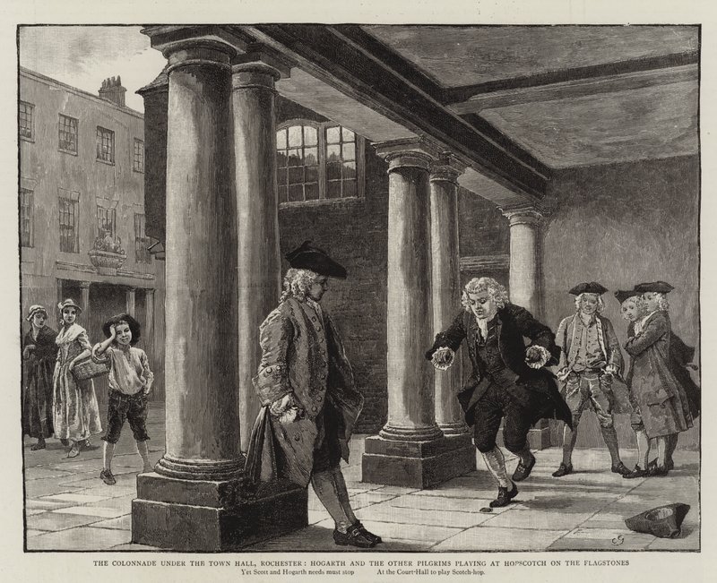 Kolonnaden under rådhuset, Rochester, Hogarth och de andra pilgrimerna som spelar på Hopscotch on the Flagstones av Charles Green