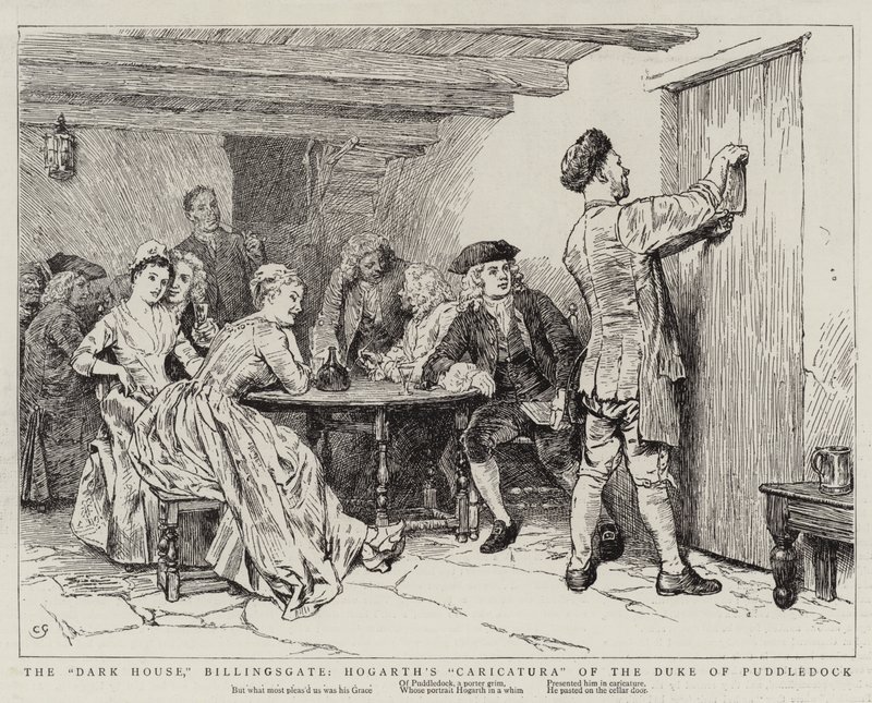 The Dark House, Billingsgate, Hogarths karikatur av hertigen av Puddledock av Charles Green