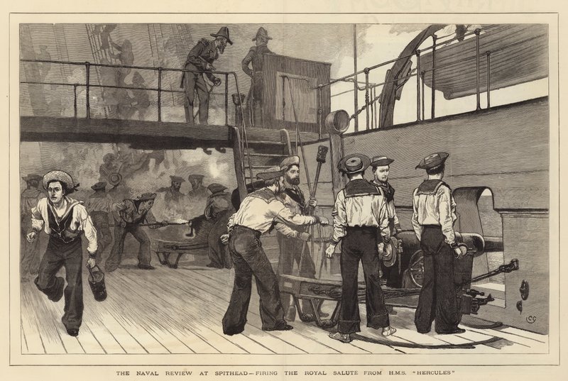 Naval Review på Spithead, avfyrar Royal Salute från HMS Hercules av Charles Green