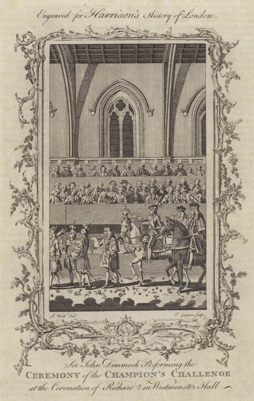 Sir John Dimmock utför ceremonin för Champions Challenge vid kröningen av Richard II i Westminster Hall, 1377 av Charles Grignion