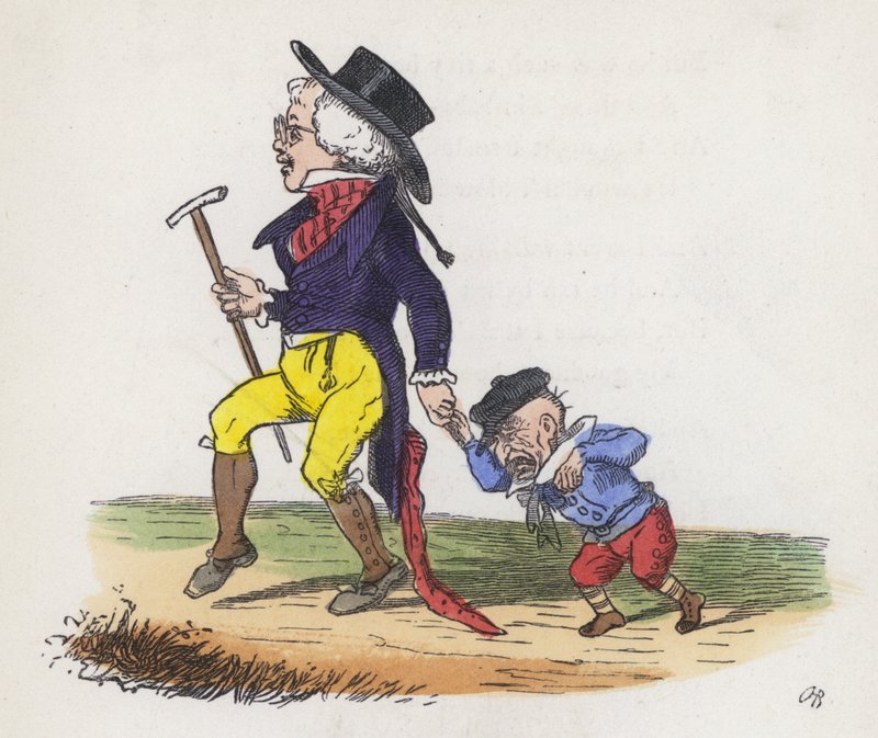 En liten pojkes dröm om att han och hans farfar skulle byta platser (färgad gravyr) av Charles Henry (after) Bennett