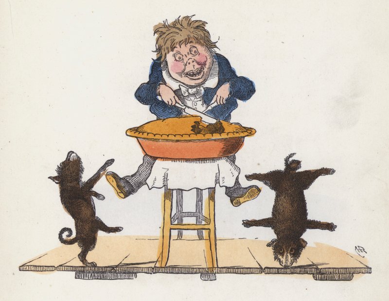 Pojke som äter en paj medan hans husdjurshund utför akrobatiska bedrifter (färgad gravyr) av Charles Henry (after) Bennett