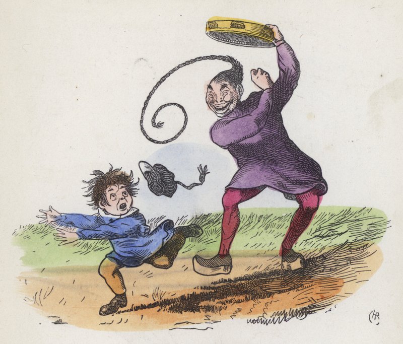 Pojke skrämd av en kineser som spelar en tamburin (färgad gravyr) av Charles Henry (after) Bennett