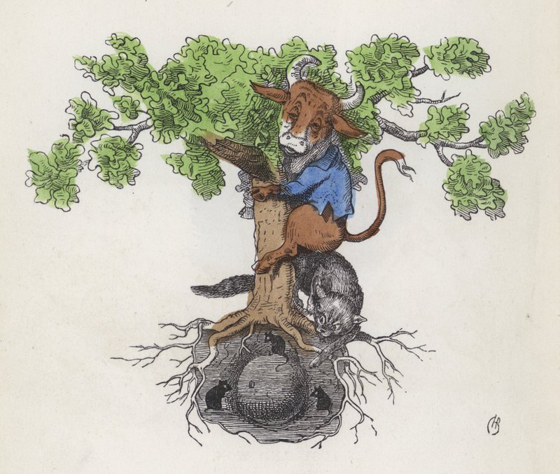 Ko upp ett träd ovanför en katt som jagar möss som äter ost (färgad gravyr) av Charles Henry (after) Bennett
